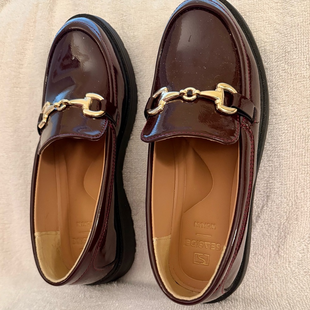 Women's Burgundy Patent Loafers with Gold Bit - Picture 2 of 7